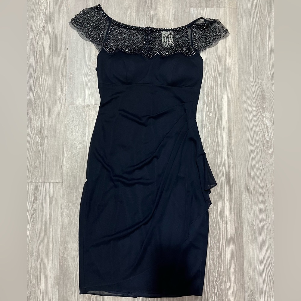 NWT Le Chateau navy blue beaded appliqué ruched dress